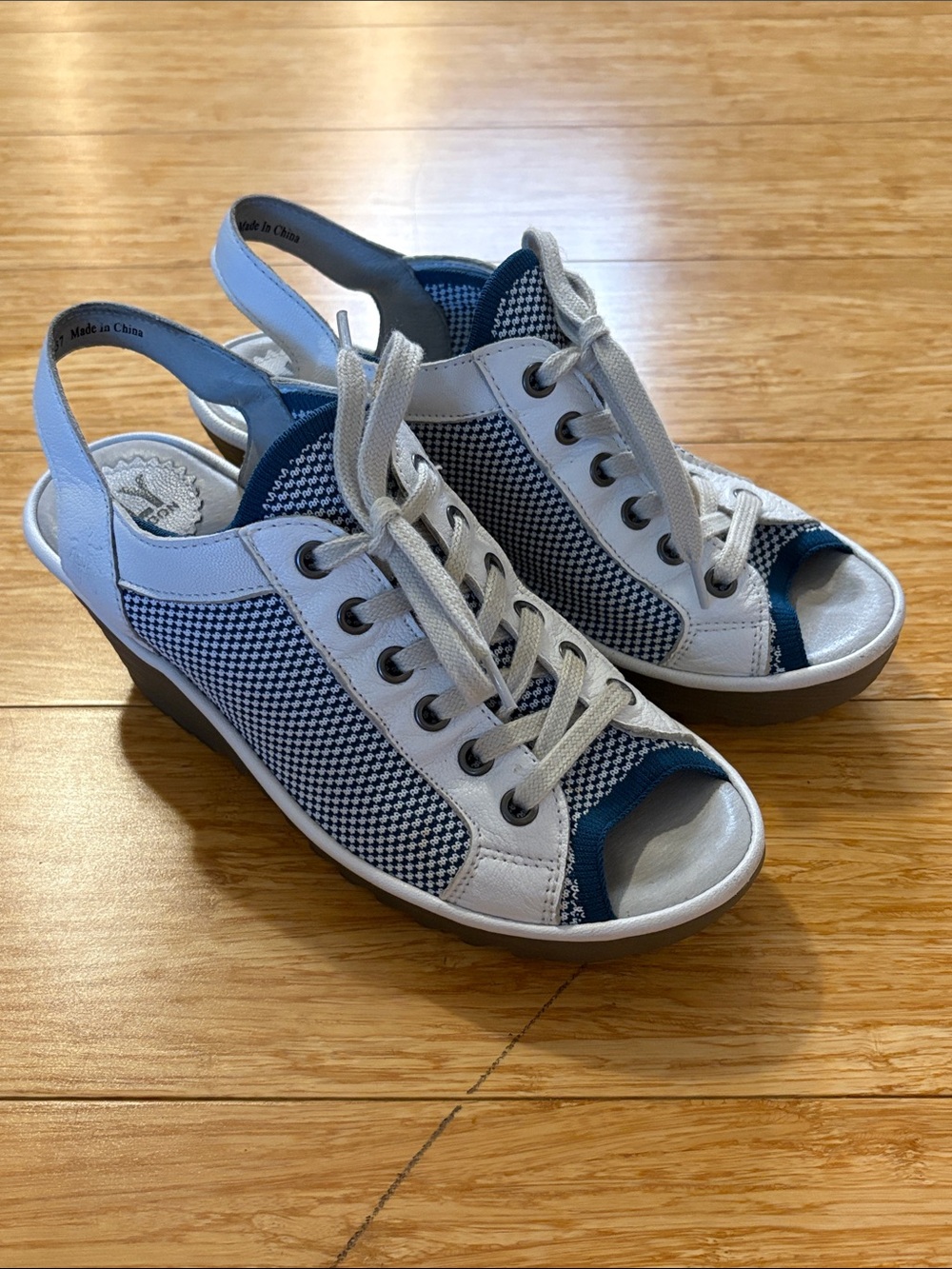 Fly London Yedu Lace Up Wedge Sandals White Blue Mousse Knit Size 37